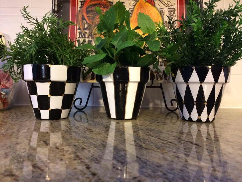Black and white checkered pot planter, three piece set, whimsical painted planters, 4.5 terra cotta pots planters image 2