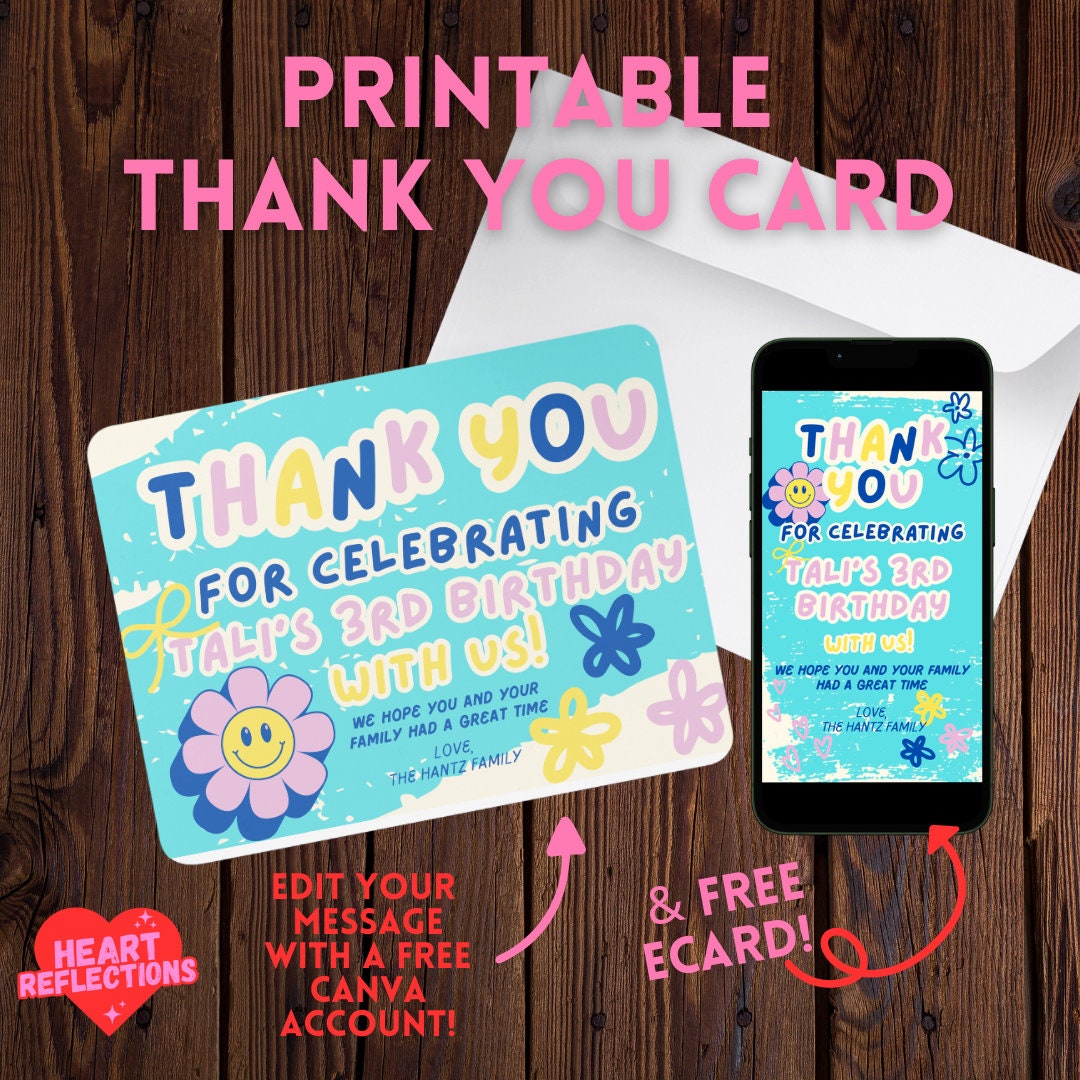 Printable Thank You Card for Childs Birthday Party Editable Thank You ...