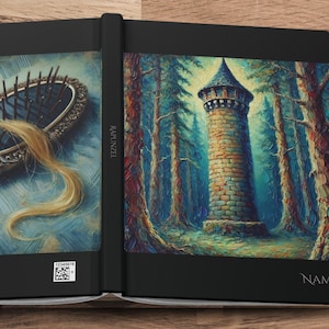 May include: Open journal with a black cover, featuring a detailed illustration. The left side shows a decorative mirror with blonde hair. The right side depicts a forest scene with a tower. The word "Rapunzel" is printed vertically.