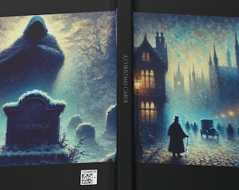 Puede incluir: Diario abierto con tapa negra. La página izquierda muestra una figura fantasmal sobre una lápida con la palabra "Scrooge". La página derecha muestra una escena callejera victoriana, todo de "A Christmas Carol". El nombre "Travis" está impreso.