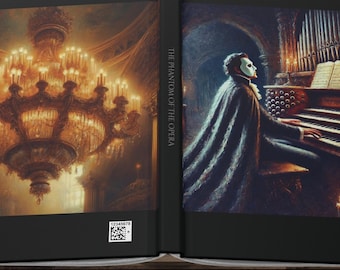 May include: A black hardcover book with a gold title, "The Phantom of the Opera." The front cover features a chandelier with lit candles. The back cover features a man in a black cape and mask playing an organ.