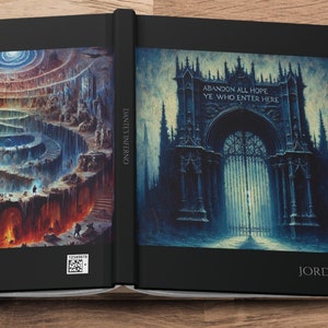 May include: A two-part book with a black cover. The left side features a colourful illustration of a spiral staircase descending into a fiery abyss. The right side features a dark illustration of a gothic archway with the text "ABANDON ALL HOPE YE WHO ENTER HERE". The book title is "DANTE'S INFERNO" and the author is "JORDAN".