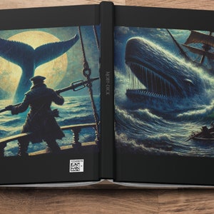 Puede incluir: Un libro de tapa dura negro con una cubierta azul oscuro que presenta una ballena y un barco. El título del libro es "Moby Dick" y el autor es "Walter".