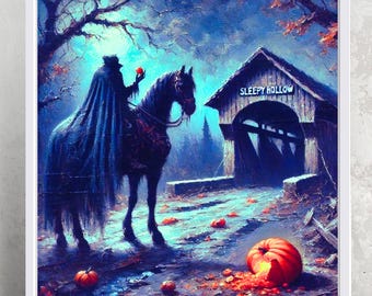 Cavalier sans tête Original peinture à l'huile Style art carré mat impression affiche, cavalier sans tête creux creux endormi Art déco murale Halloween macabre