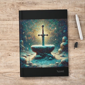 May include: A silver sword with a black handle is stuck in a stone anvil. The sword is surrounded by a snowy landscape with a starry night sky in the background.