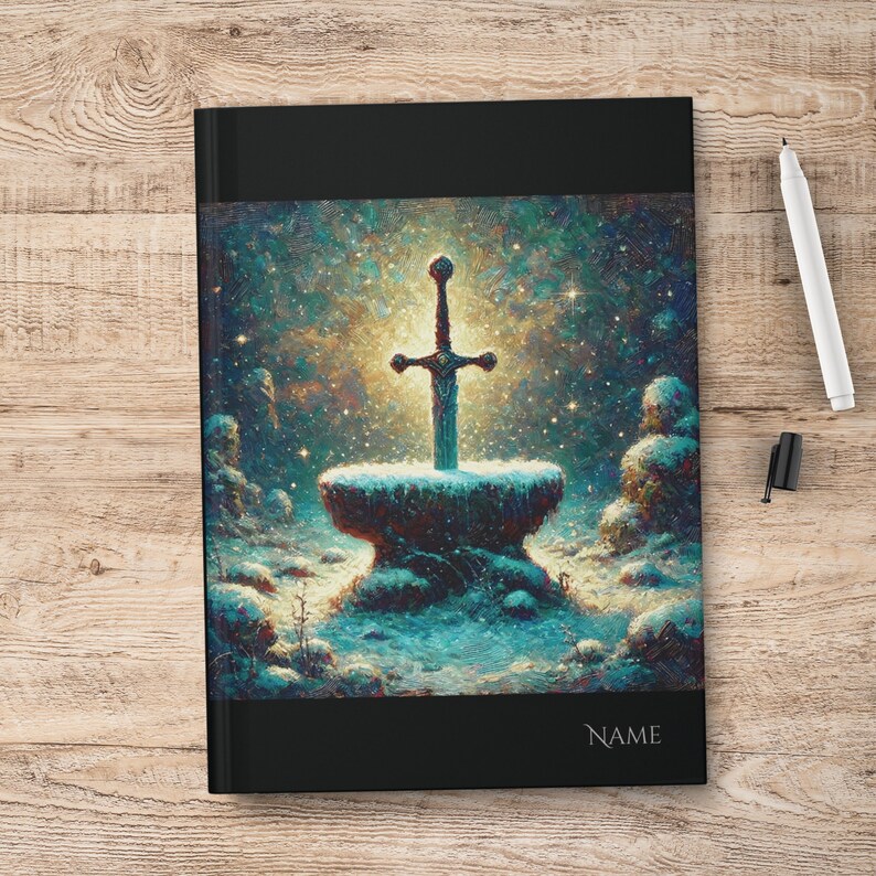May include: A silver sword with a black handle is stuck in a stone anvil. The sword is surrounded by a snowy landscape with a starry night sky in the background.