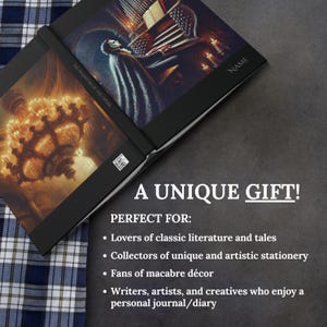 May include: A black hardcover journal with a dramatic illustration of the Phantom of the Opera on the front cover. The text "The Phantom of the Opera" is printed on the cover. The journal is a unique gift for lovers of classic literature, collectors of unique stationery, and fans of macabre decor.