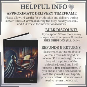 May include: A black journal with a gothic illustration of a figure playing an organ. The text on the cover reads "NAME". The image includes information about shipping, bulk discounts, and refunds.