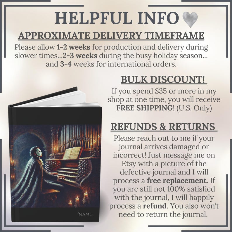 May include: A black journal with a gothic illustration of a figure playing an organ. The text on the cover reads "NAME". The image includes information about shipping, bulk discounts, and refunds.