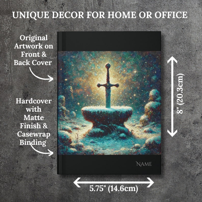 May include: Hardcover book with a matte finish and casewrap binding. The cover features original artwork of a sword in a stone, surrounded by a snowy landscape. The book measures 5.75 inches wide by 8 inches tall.
