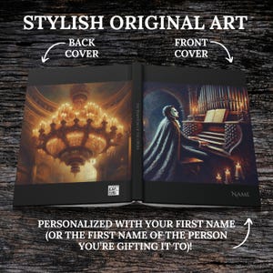 May include: A personalized hardcover book with a black cover. The front cover features an illustration of the Phantom of the Opera playing the organ. The back cover features a chandelier. The book is personalized with the name "NAME".