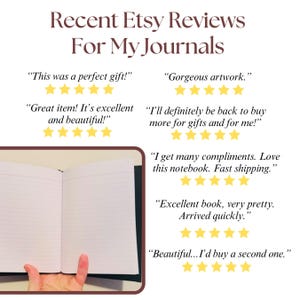 May include: A collection of positive Etsy reviews for journals. The reviews highlight the quality, beauty, and fast shipping of the journals. The image also shows a close-up of a blank journal with lined pages.