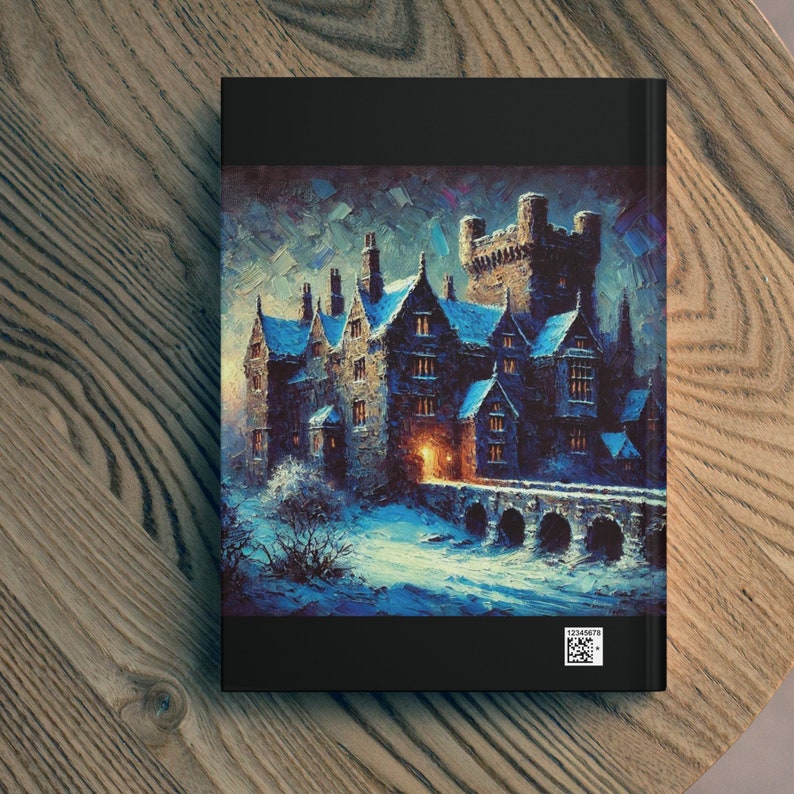 May include: A painting of a large, stone house with a bridge leading to the front door. The house is covered in snow and the sky is dark and stormy. The painting is done in a realistic style with a focus on detail.