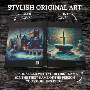 May include: A personalized hardcover book with a snowy castle scene on the back cover and a sword in a stone scene on the front cover. The book title is "The Sword in the Stone".