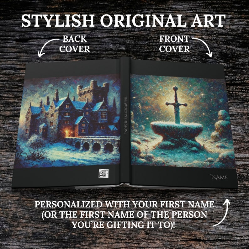 May include: A personalized hardcover book with a snowy castle scene on the back cover and a sword in a stone scene on the front cover. The book title is "The Sword in the Stone".