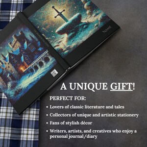 May include: A black hardcover journal with a snowy castle scene on the front cover. The back cover features a sword in a stone illustration. The text "The Sword in the Stone" is printed on the spine. The journal is a unique gift for lovers of classic literature, collectors of stationery, and fans of stylish d&eacute;cor.