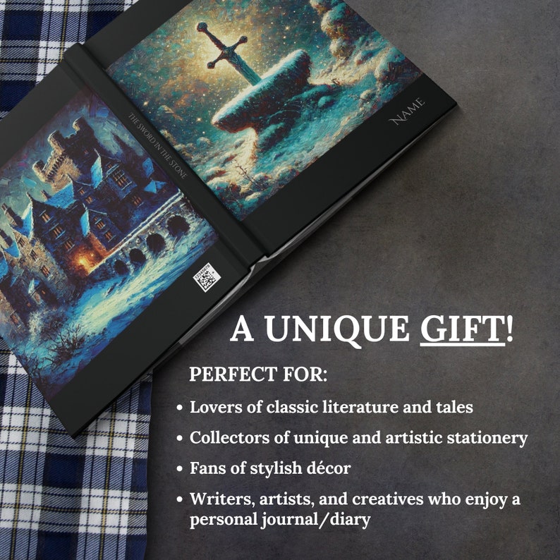 May include: A black hardcover journal with a snowy castle scene on the front cover. The back cover features a sword in a stone illustration. The text "The Sword in the Stone" is printed on the spine. The journal is a unique gift for lovers of classic literature, collectors of stationery, and fans of stylish d&eacute;cor.