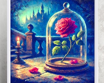May include: A single red rose is encased in a glass dome, sitting on a stone ledge. The rose is surrounded by green leaves and petals. The dome is on a wooden base. The background is a dark blue sky with a castle in the distance.
