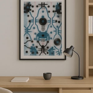 May include: Abstract art print in a black frame. The artwork features a geometric design with teal, black, and white shapes. A black desk lamp and a small black cup sit on a wooden desk. A notebook is also on the desk.