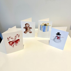 Biglietto di Natale dipinto a mano, set da 4, illustrazione ad acquerello, note di festa, regalo di Natale fatto a mano