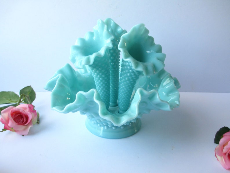 Rare Vintage Fenton Turquoise Milk Glass Hobnail Epergne Etsy