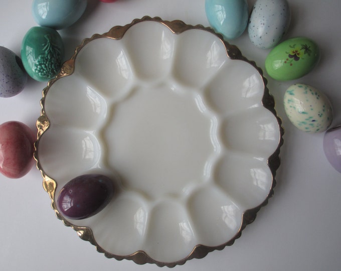 Vintage Milk Glass and Gold Trim Egg Dish Etsy