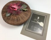Vintage Sewing Basket Filled with Vintage Sewing Items with Vintage Photograph of Woman at Antique Treadle Sewing Machine