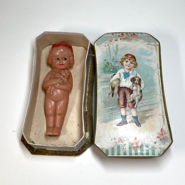 Vintage Box with Victorian Era Boy Holding Two Dogs, Vintage Box with Celluloid Doll Inside, Girl Celluloid Doll Holding a Doll
