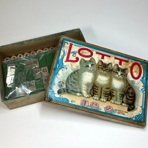 Vintage Lotto Game with Three Kittens on the Lid, Antique Lotto Game with Cats