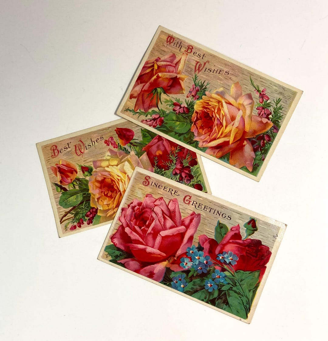 Collection of Three Vintage Postcards With Roses on Wood Background ...