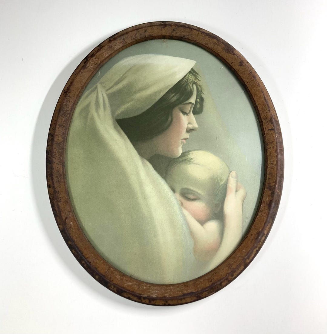 Vintage Madonna and Child Tinted Photograph in Oval Tin Frame - Etsy