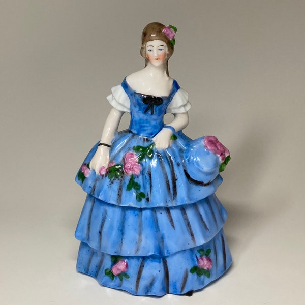 Vintage Dresser Doll Powder Jar, Girl in Beautiful Blue Gown by Sitzendorf in Germany