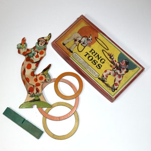 Vintage Ring Toss Game with Three Hoops and One Clown