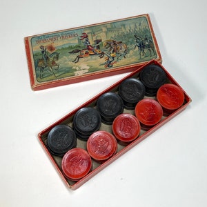 Vintage Box of Wooden Checkers, Vintage Box with Knight on Horseback, Knights Jousting, The Embossing Company’s Tournament Ceckers