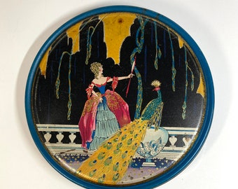 Vintage Art Deco Round Tin, Art Deco Woman and Peacock Tin