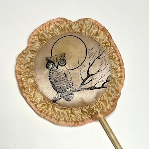 Vintage Silk Powder Puff Wand with an Owl Sitting on a Branch Against a Full Moon, Rhinestone Eyes