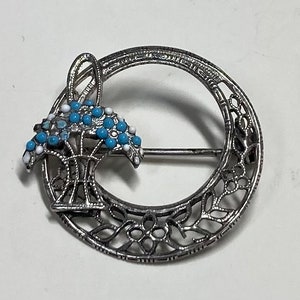Vintage Art Deco Sterling Silver Pin/Brooch, Delicate Filigree with a Basket of Flowers