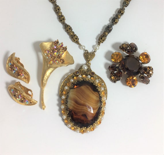 Group of Vintage Jewelry in Gold and Amber Tones,