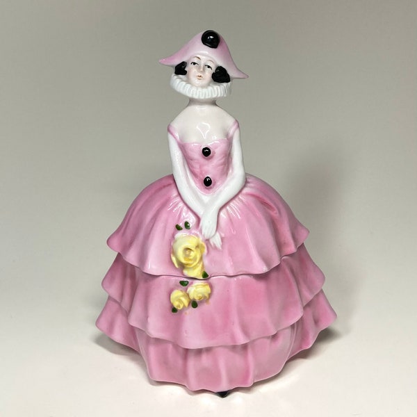 Vintage Figural Powder Jar, Girl in Pink Dresser Doll, Nancy Pert Dresser Doll made in Erphila Germany, Pink Harlequin Girl Powder Jar