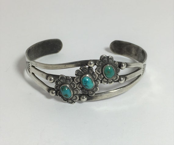 Harvey Era Silver and Turquoise Cuff, Split Desig… - image 1