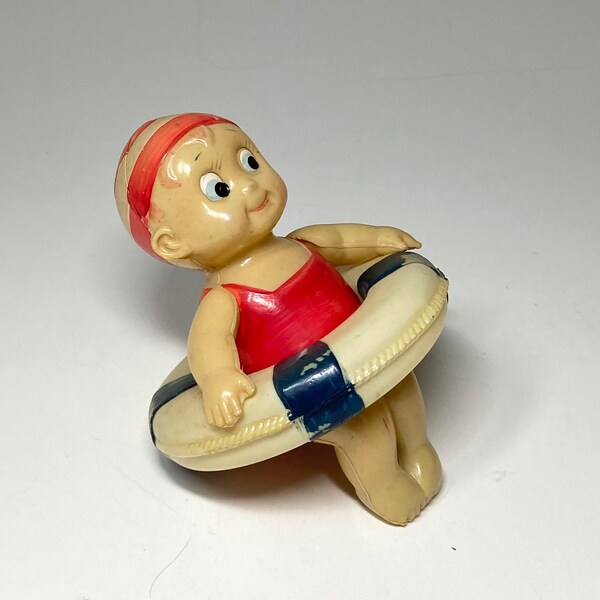 Vintage Celluloid Bathtub Toy, Little Girl in Swimsuit and Wearing a Life Preserver