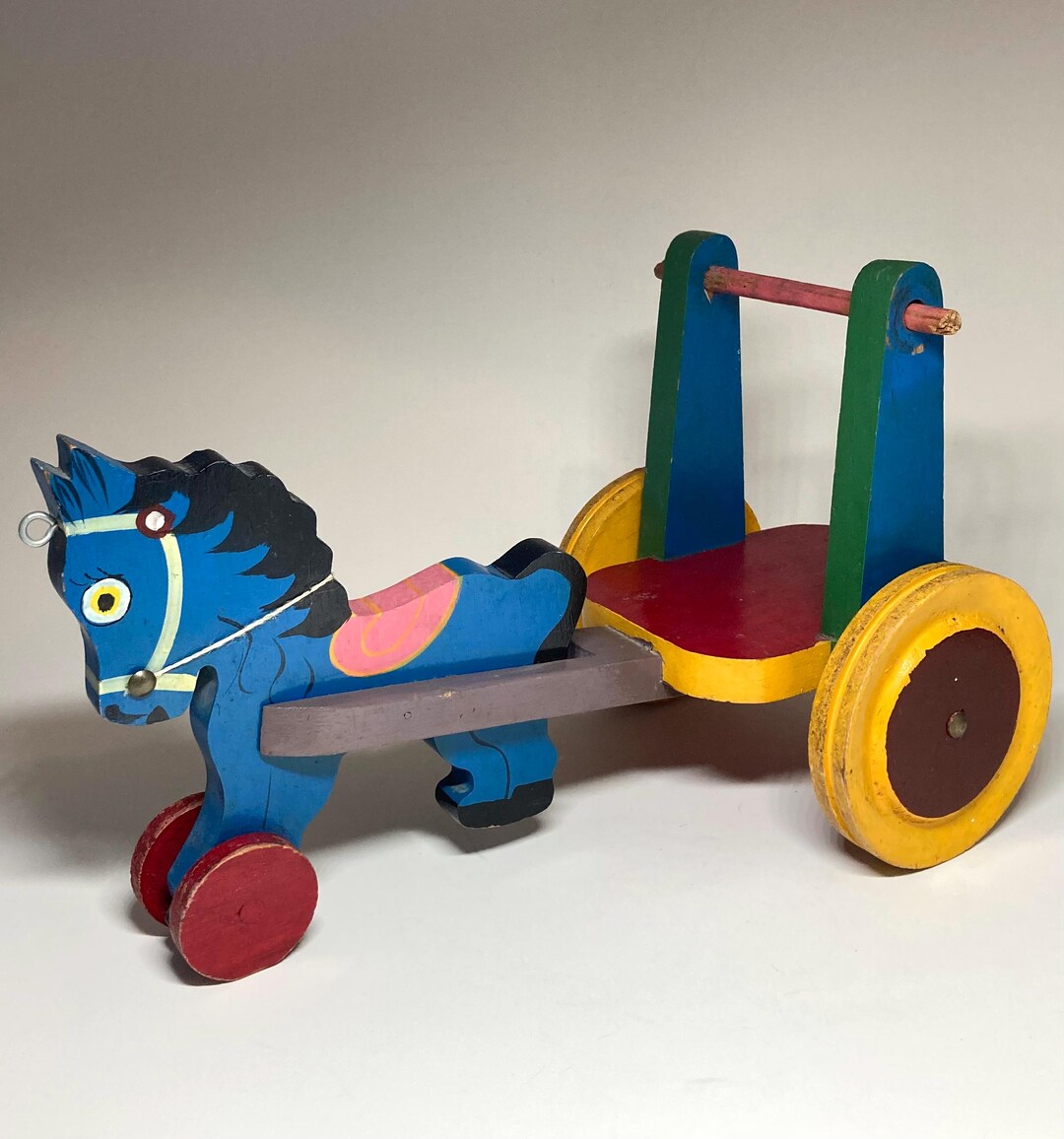 Vintage Folk Art Wooden Pull Toy, Wood Horse Pulling a Cart Toy - Etsy