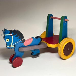 Vintage Folk Art Wooden Pull Toy, Wood Horse Pulling a Cart Toy