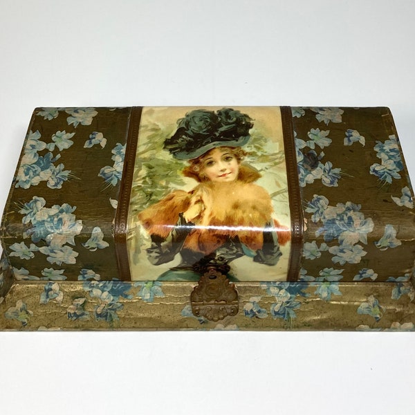 Vintage Celluloid Box for Brush and Comb or Brush and Mirror, Victorian Box with Woman in Hat