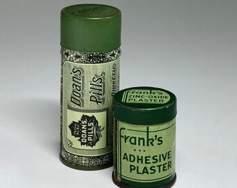 Two Vintage Medical Tins in Green, Doan’s Pills Tin, Frank’s Adhesive Plaster Tin