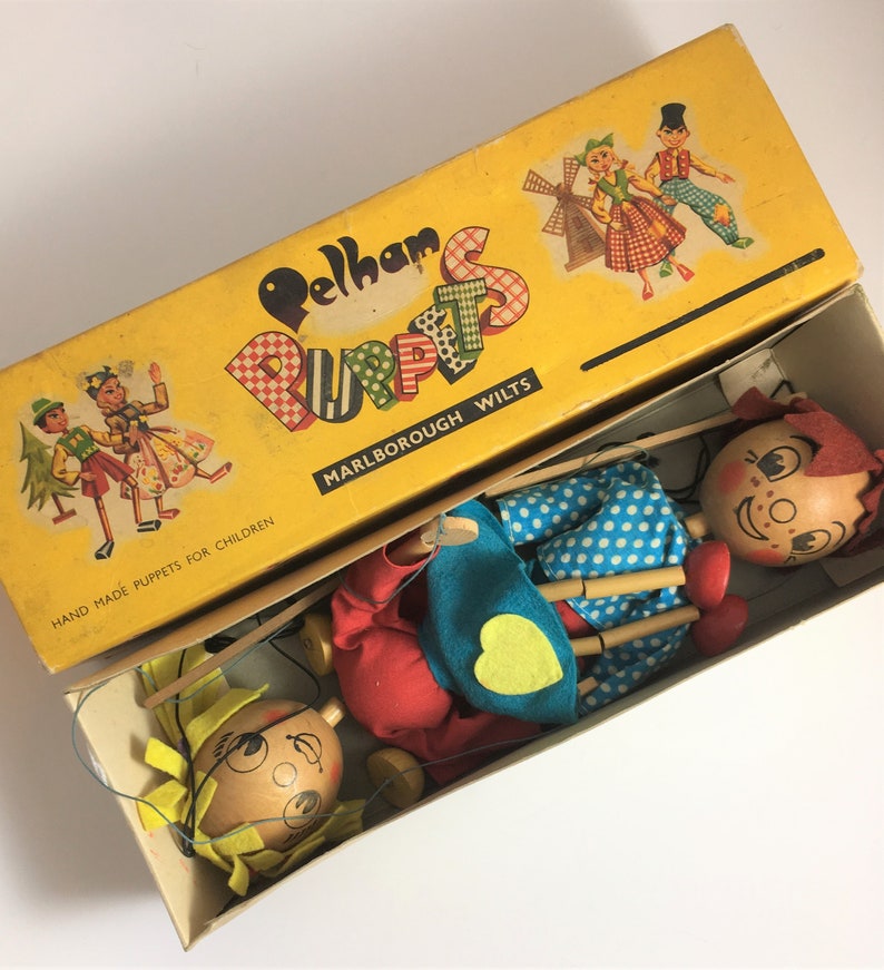 Vintage Pair of Pelham Puppets in Original Box Little Boy and Little Girl