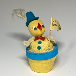 Vintage Easter Candy Container, Chick Holding a Sign That Reads, Fill Me With Candy, Paper Mache Candy Container