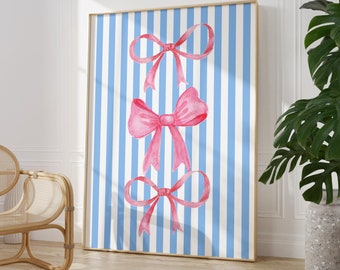 Pink Bow Print, coquette room decor, Stripes poster, Blue wall art, Preppy aesthetic wall art, teen room decor, college apartment decor