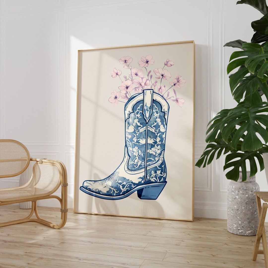 Chinoiserie Cowgirl Boots With Pink Flowers Wall Print, Blue Toile De ...