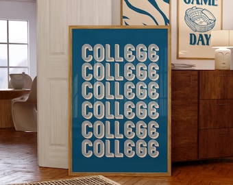 Coastal College Poster, Preppy Printable Dorm Room Art, Trendy Navy Blue Wall Art,  Retro Bar Cart Digital Print, Blue Apartment Decor